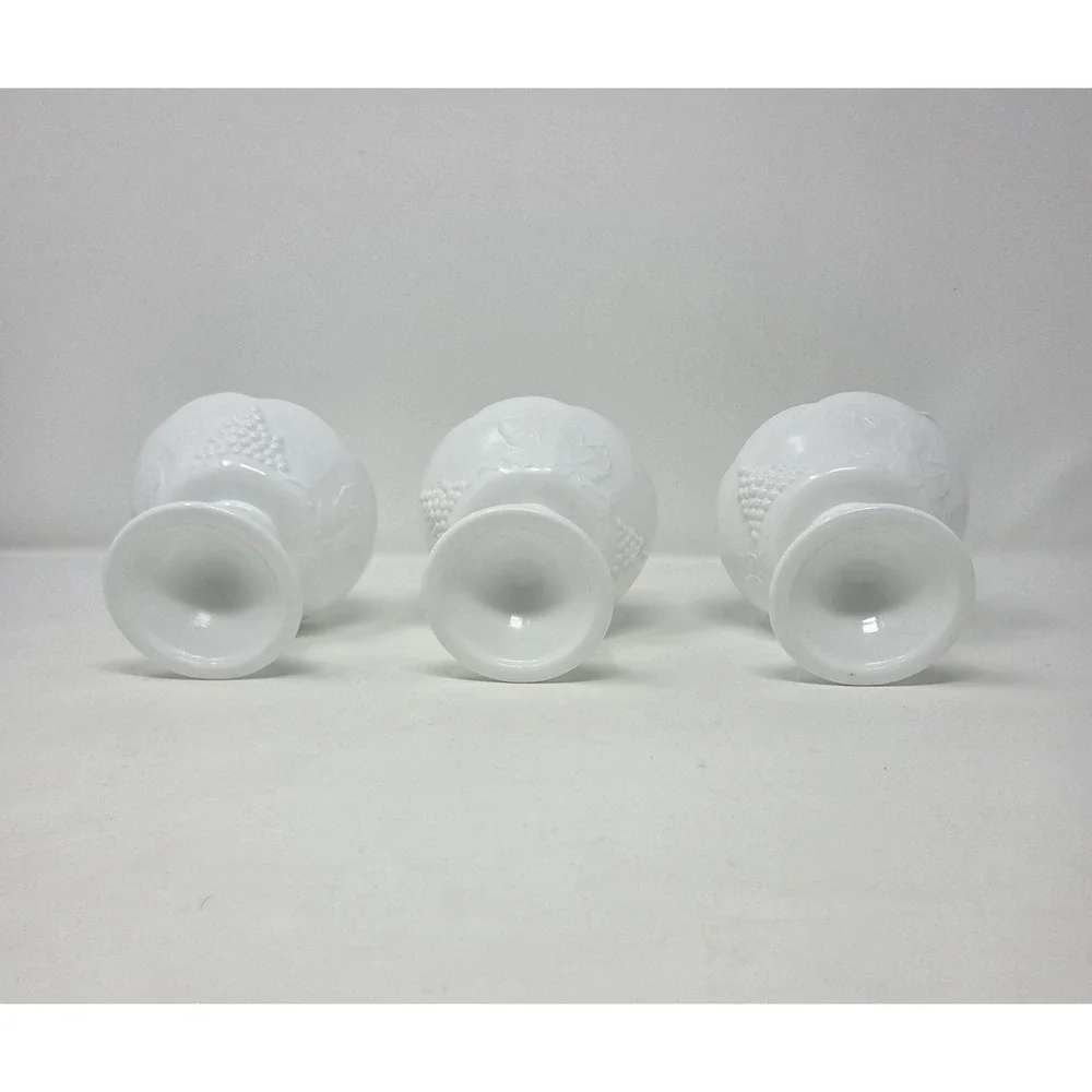Vintage Indiana Colony Harvest Grape Milk Glass Footed Candle Holders Set 3